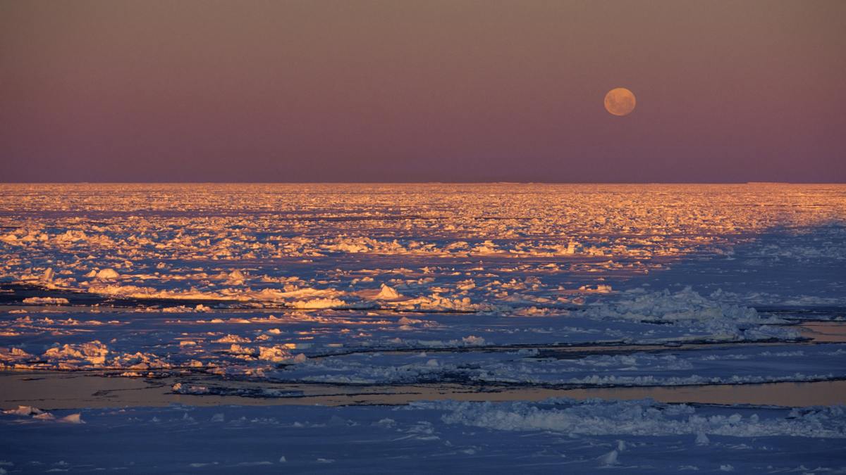 moon over ice in sunset colours in antarctica