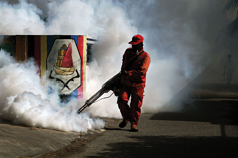 A worker uses a fogging machine to dispense insecticide.