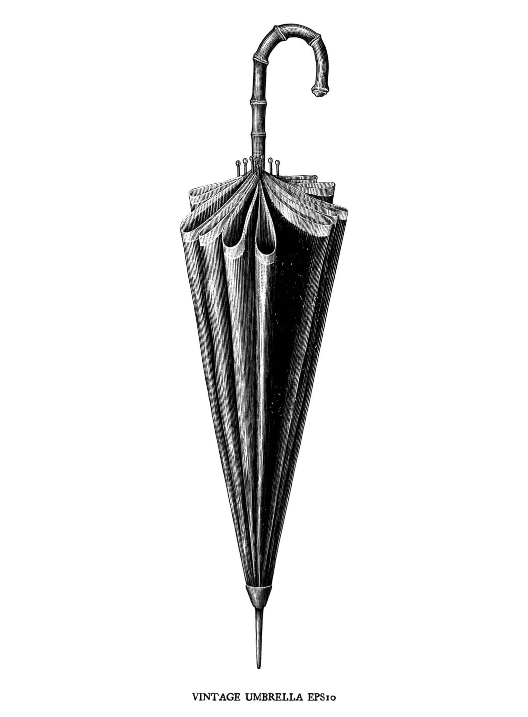 Line draw umbrella with a curved handle standing on its point.