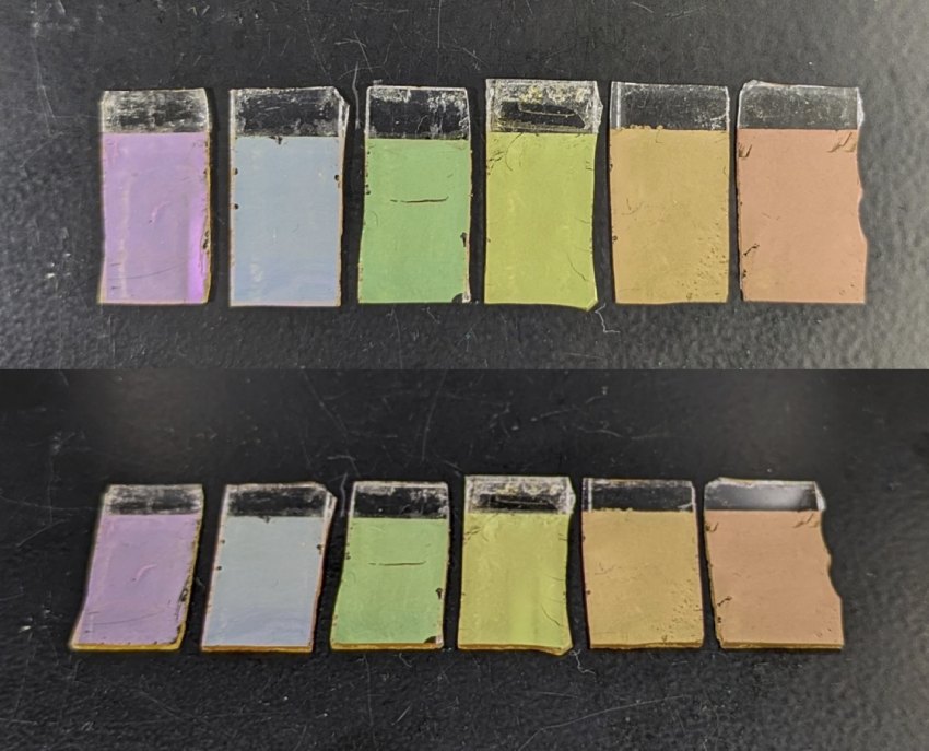 line of glass slides with coloured paint from different angles