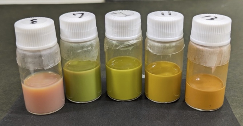 line of vials with different coloured liquids