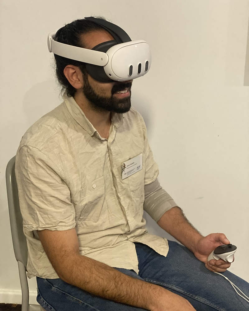 dashing young journalist wearing a vr headset