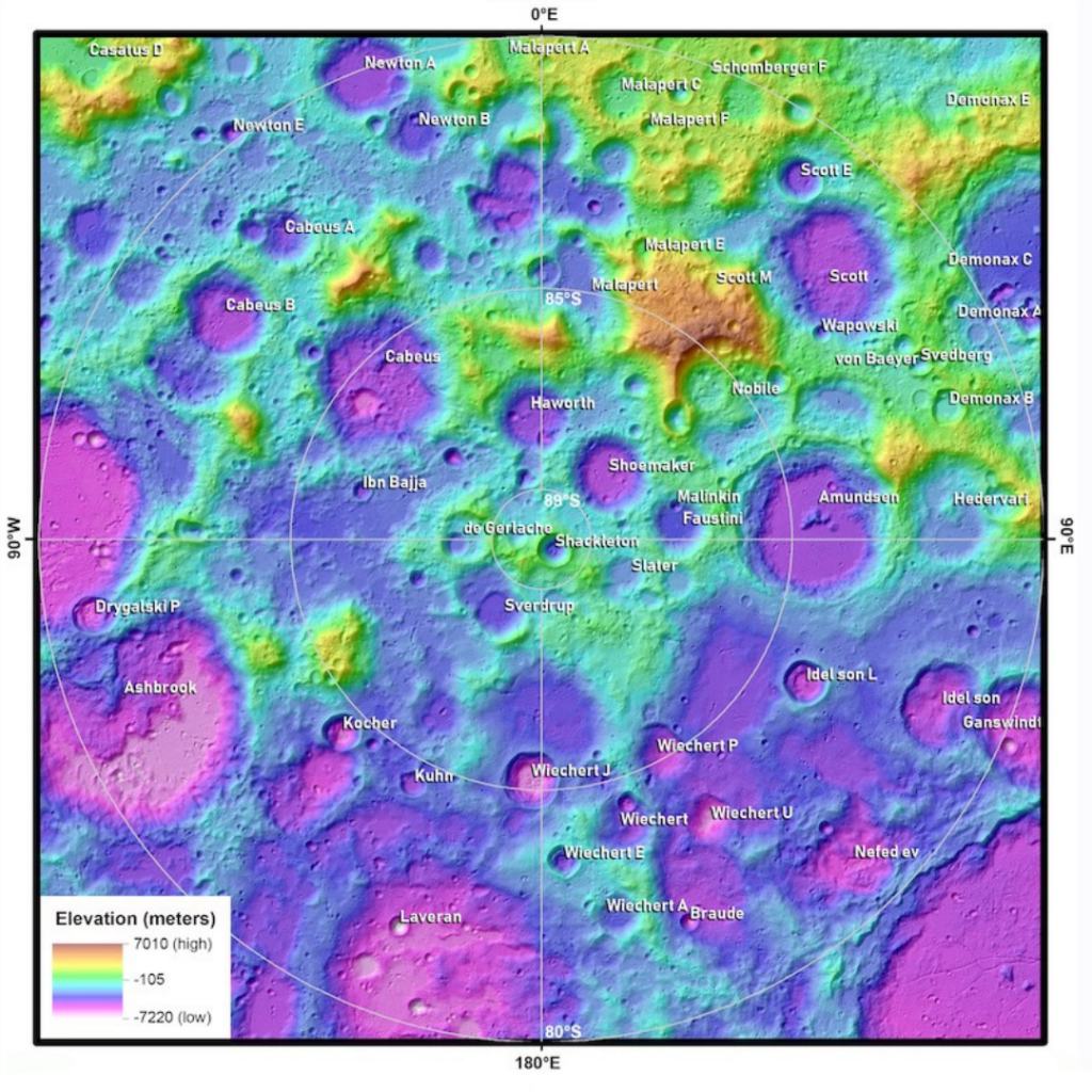 A coloured map of the Moon's south pole