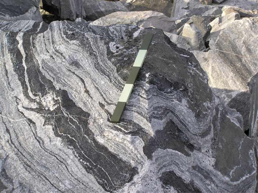 Photo of a rock with dark and light grey swirls