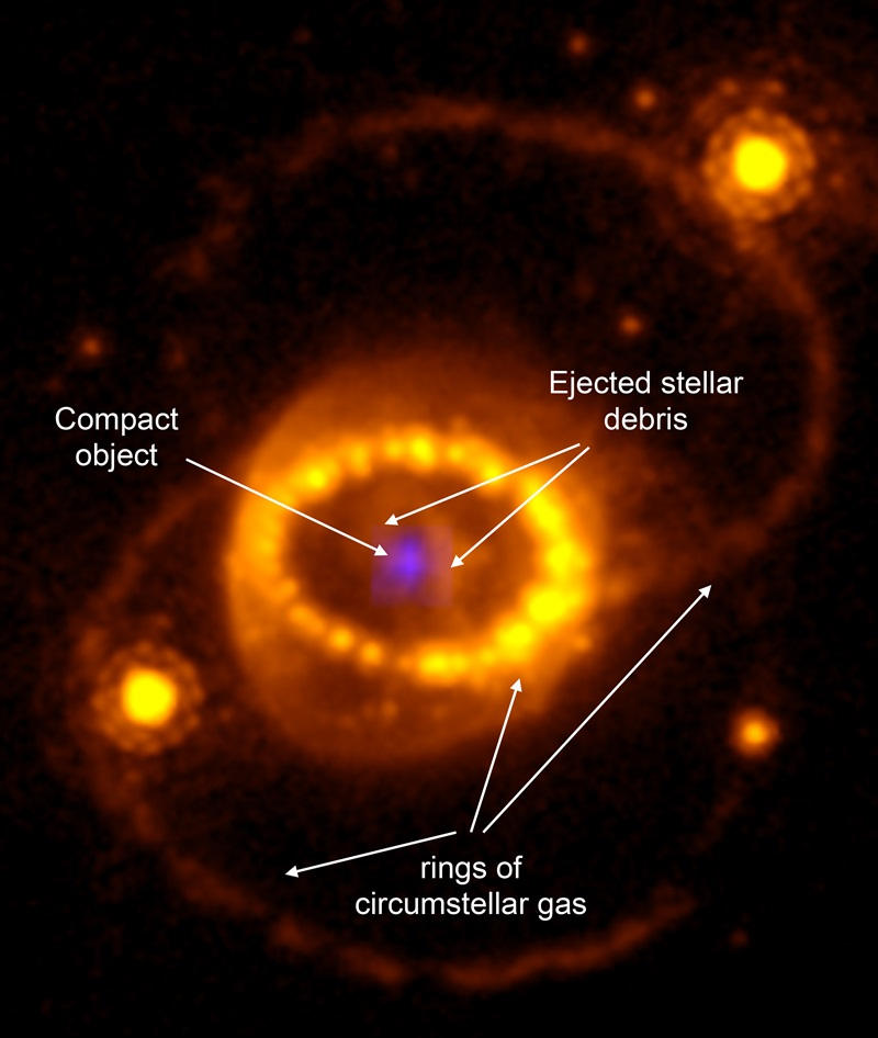 supernova composite image yellow orange swirls with blue star dot