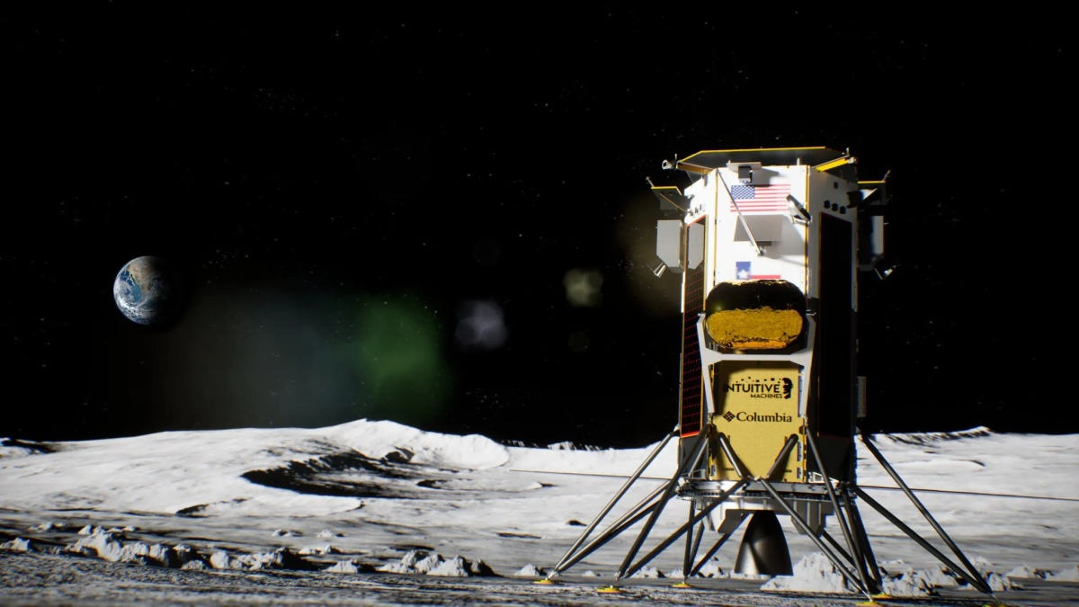 Illustration of a gold and white lunar lander on the Moon's surface