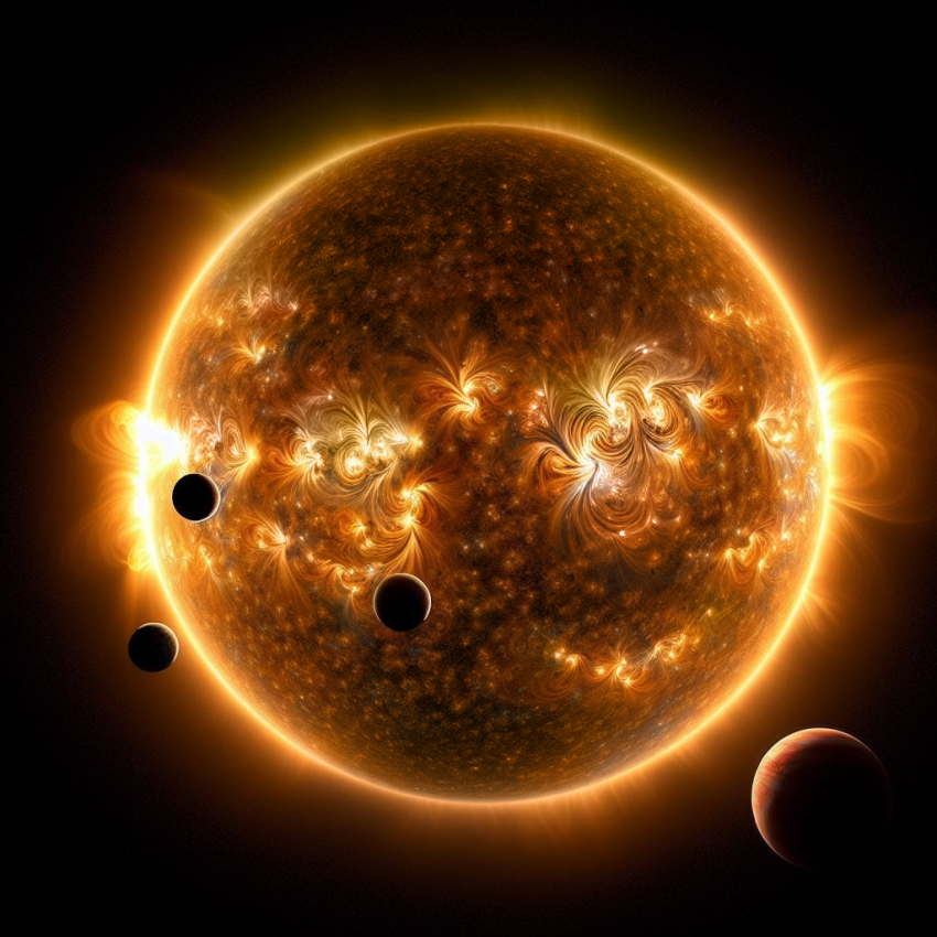 Illustration of a yellow-orange star with dark planets floating in orbit around it