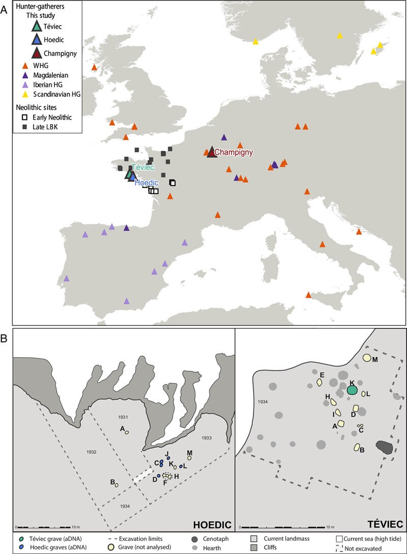 map of europe with burial sites identified with coloured triangles