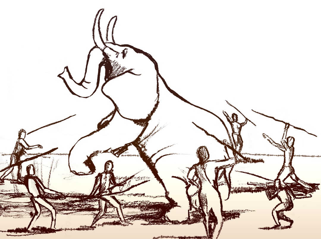 Illustration of elephant hunting using spears