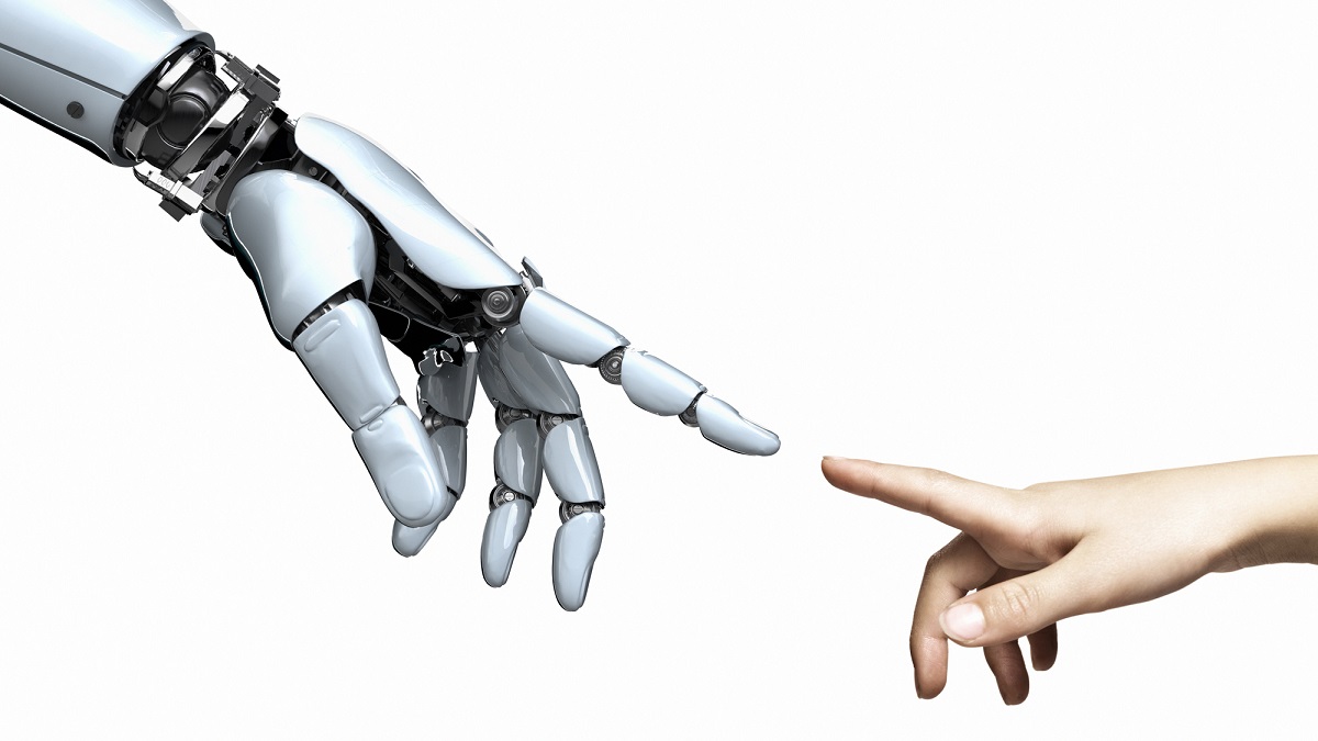 AI ethics. A robot's and child's hands pointing at eachother.