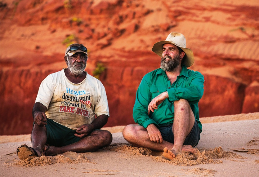 Songlines and science: goolarabooloo elder phillip roe and palaeontologist phil bell. Indigenous dreamtime stories differ with the scientific perspective but the two groups have been allied in the effort to preserve the dinosaur prints.