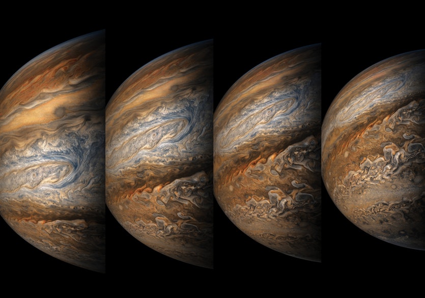 Juno snapped this sequence of images during her eighth close approach to the gas giant in september 2017.