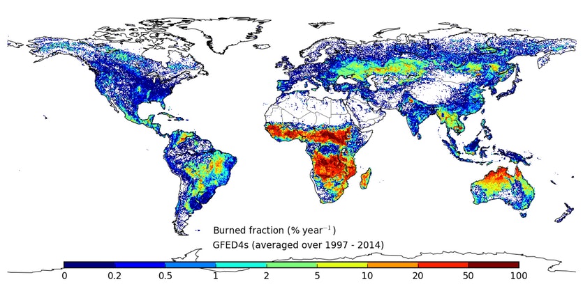 Map showing the amount of annual burning around the world in the period 1997-2014.