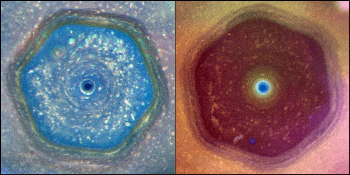An enhanced-colour animation showing seasonal changes in saturn’s north polar region between 2013 (left) and 2017 (right).