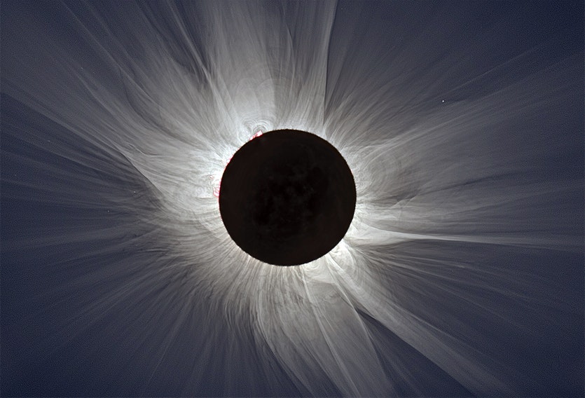 The corona of the sun – a streaming aura of plasma given complex structure by the star’s magnetic field and extending millions of kilometres into space – is seen here during a total solar eclipse in 2008.