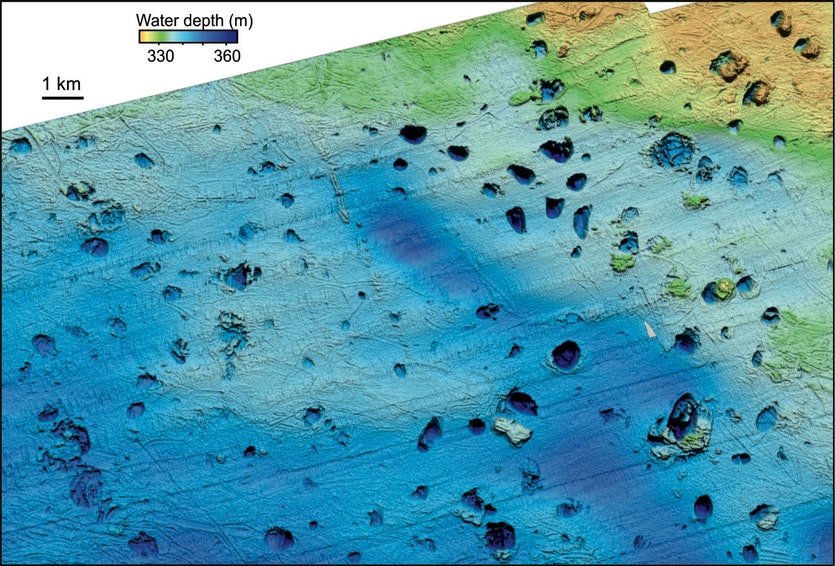 An overview of the cratered seabed area under study, near the island of svalbard.