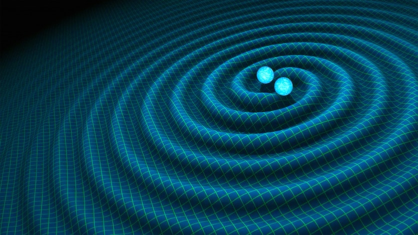 Colliding black holes first spiral in towards each other, throwing off ripples in spacetime as they do.