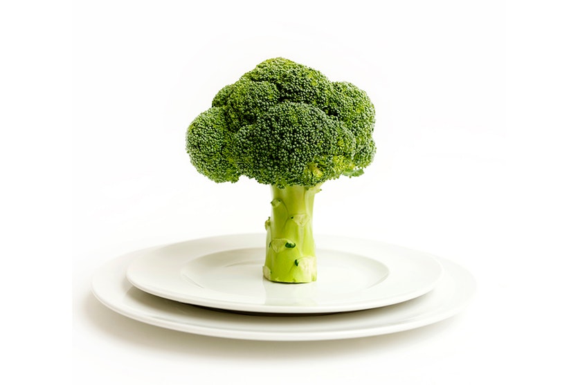 A head of broccoli standing on two plates.