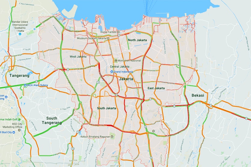 Map showing typical traffic congestion in jakarta’s evening peak hour.