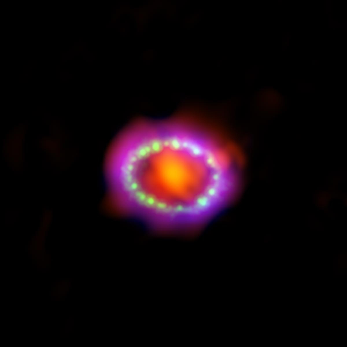 A false-colour image in three wavelengths of the remnants of Supernova 1987A.