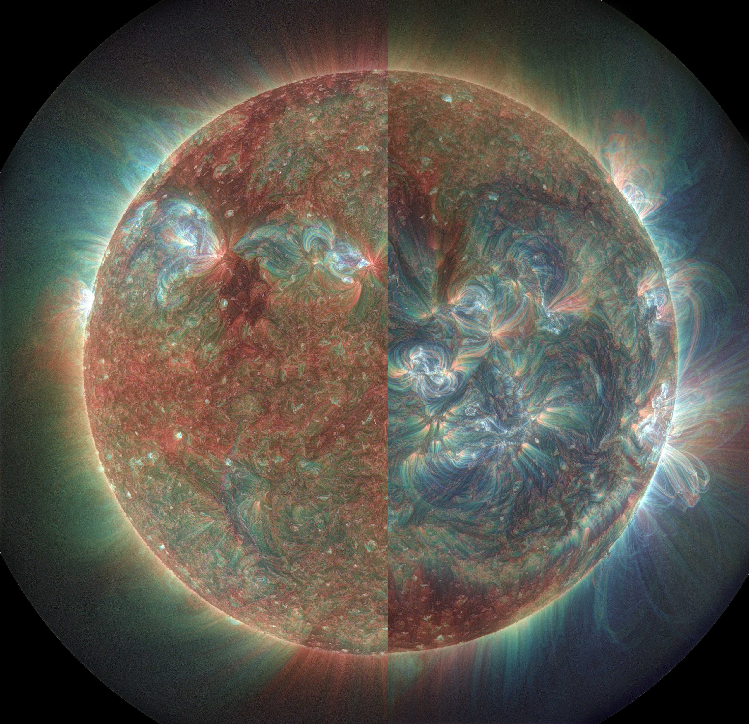 Solar cycle changes in the solar corona as viewed by atmospheric imaging assembly (aia) on the solar dynamic observatory in extreme ultraviolet (euv) toward the end of the latest solar minimum activity period in may 2010 (left half) and during the current solar maximum period in december 2014 (right half).