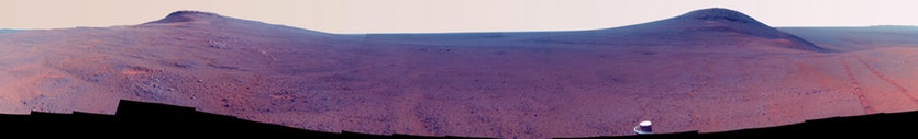 An enhanced colour panorama looking over perseverance valley on mars.