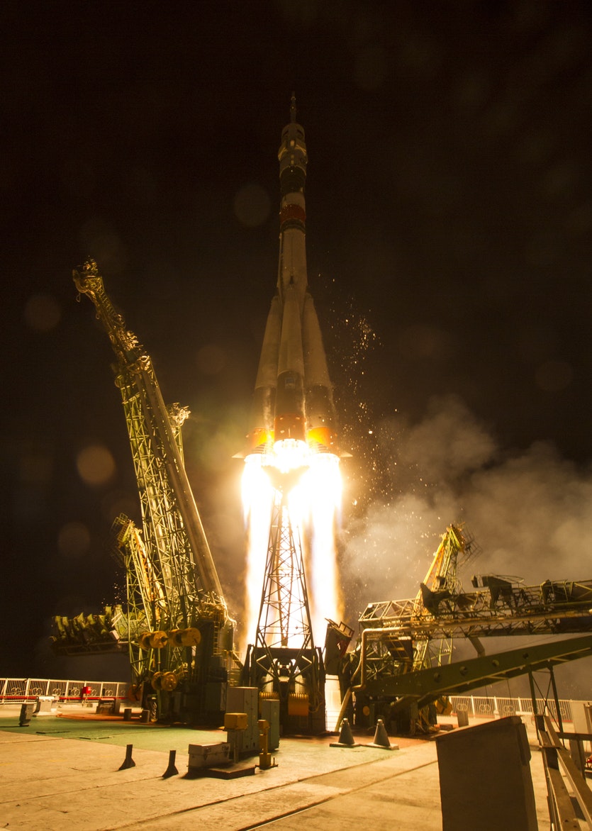 A soyuz rocket lifts off from the baikonur cosmodrome.