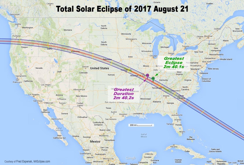 The path of totality across the us on august 21, 2017.