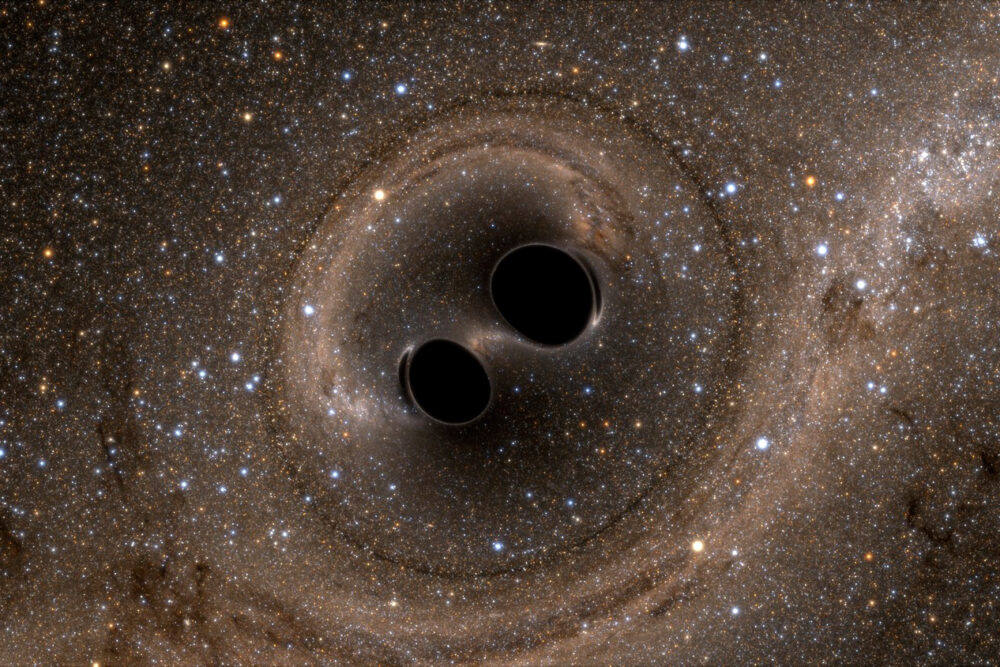 A computer simulation of what merging black holes might look like to a nearby (but not too nearby) observer.