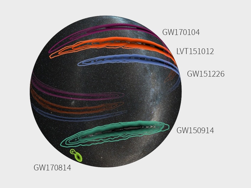 Sky map showing the approximate locations of all gravitational wave detections so far.