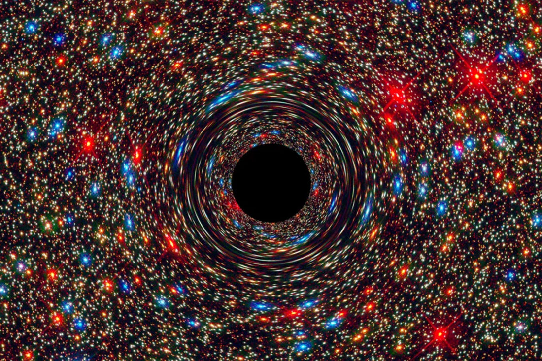 A computer simulation showing a supermassive black hole at the heart of a galaxy.