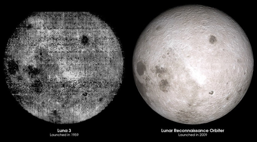 Comparison of the first photograph of the lunar far side, from luna 3, and a visualisation of the same view using lro data.