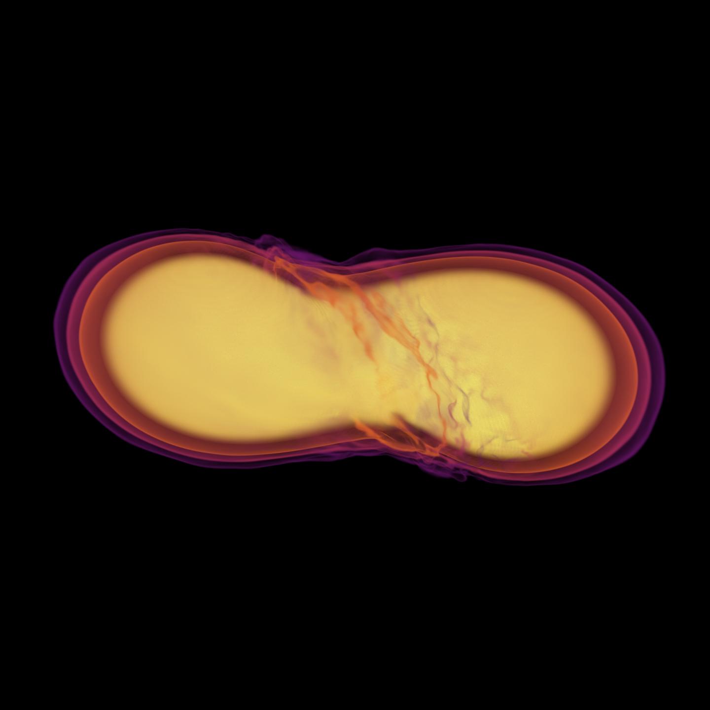 A simulated image from the first milliseconds of a pair of merging neutron stars.