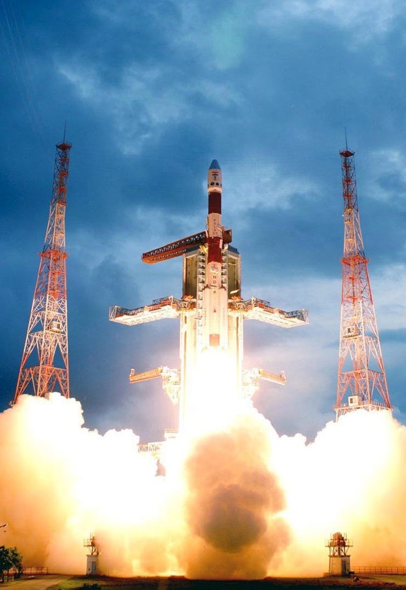 Indian spacecraft lifting off carrying india’s first lunar probe chandrayaan-1 at the satish dhawan space centre, 22 october 2008.