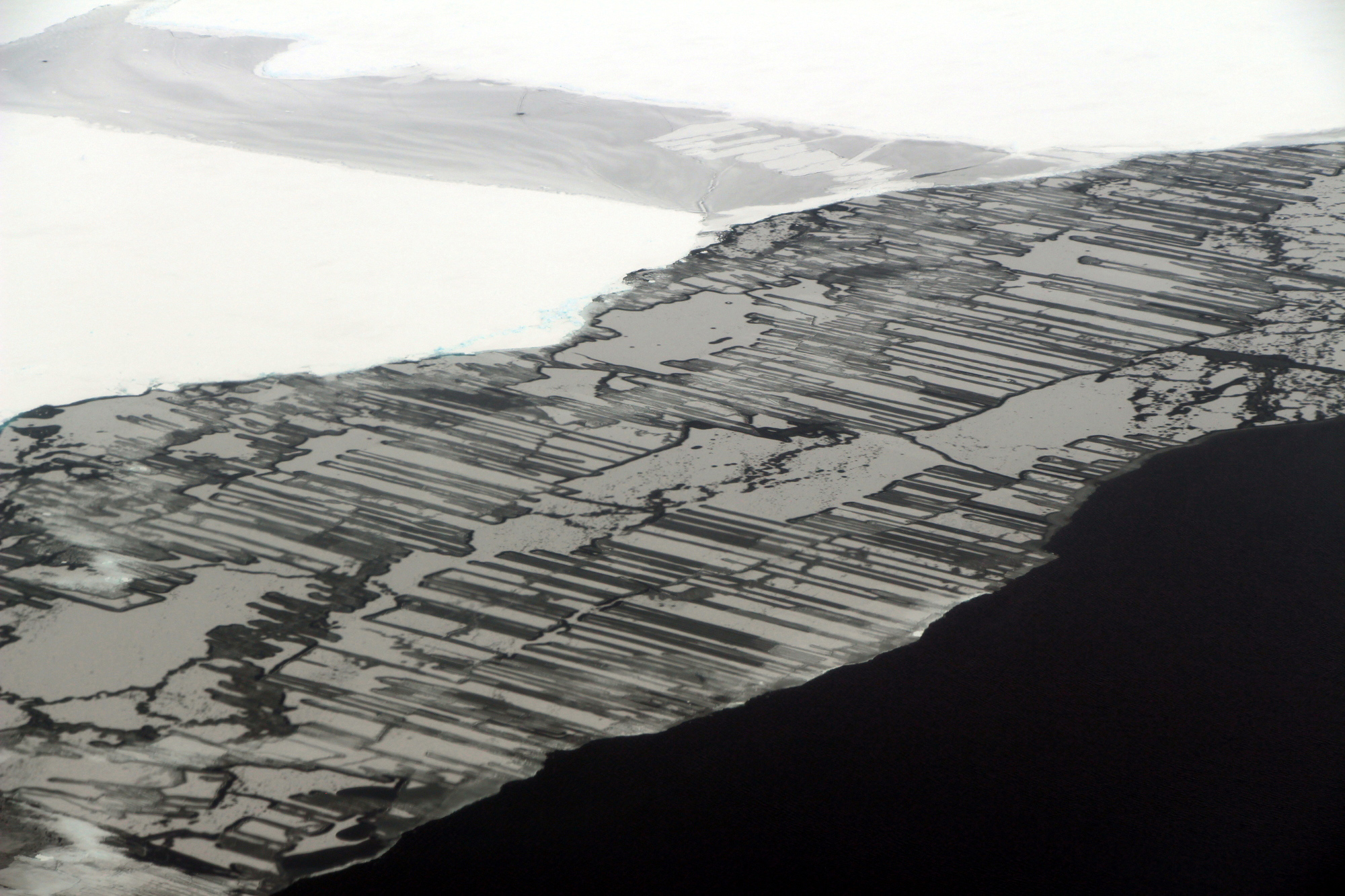 “Finger rafting” produced by colliding ice floes in the Weddell Sea, off the Antarctic Peninsula.