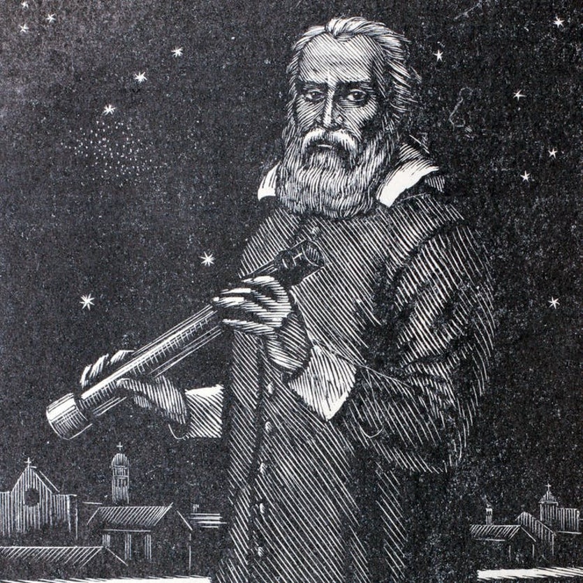 An illustration of Galileo Galilei with a telescope.