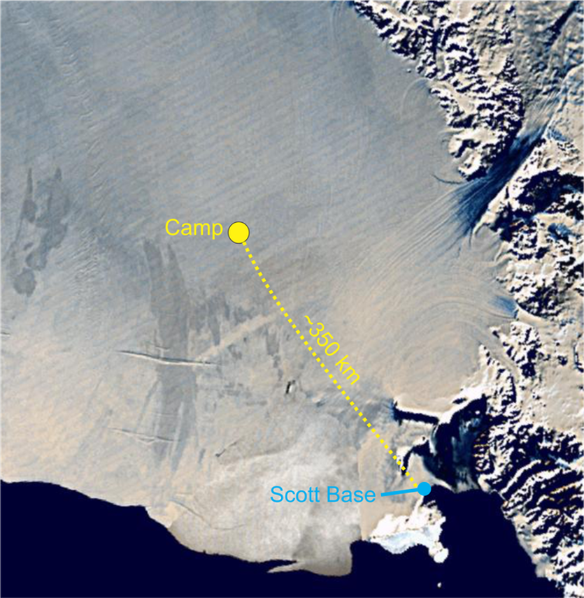 This satellite map shows the camp site on the Ross Ice Shelf, Antarctica.