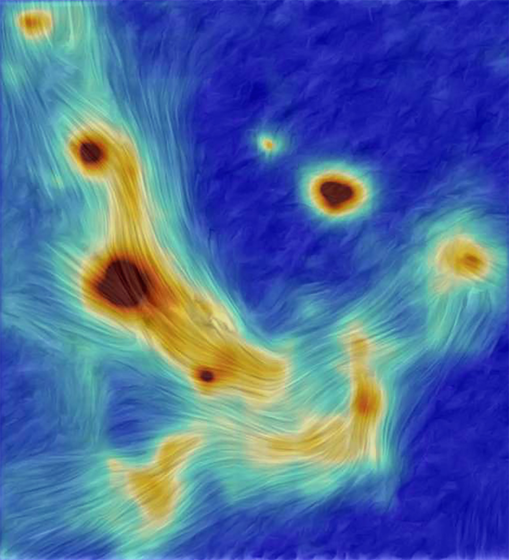 A high-resolution map of the magnetic field lines in gas and dust swirling around the supermassive black hole at the center of our galaxy.
