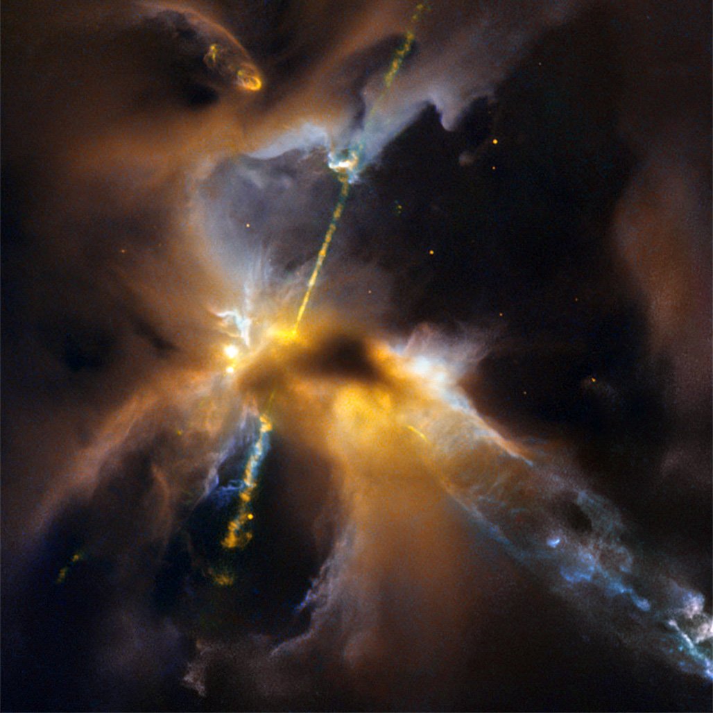 Fiery cosmic jets shine from a young star in the Orion B molecular cloud.