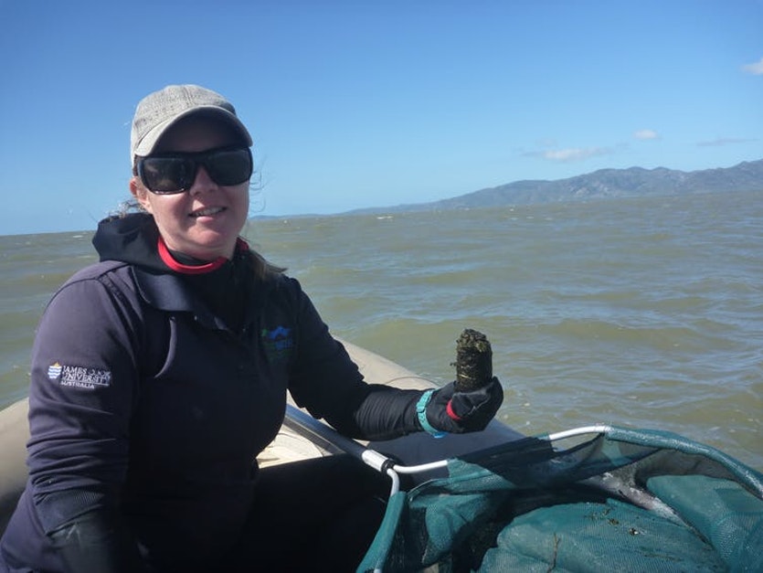 PhD candidate Samantha Tol holding dugong poo collected from Cleveland Bay in Townsville.