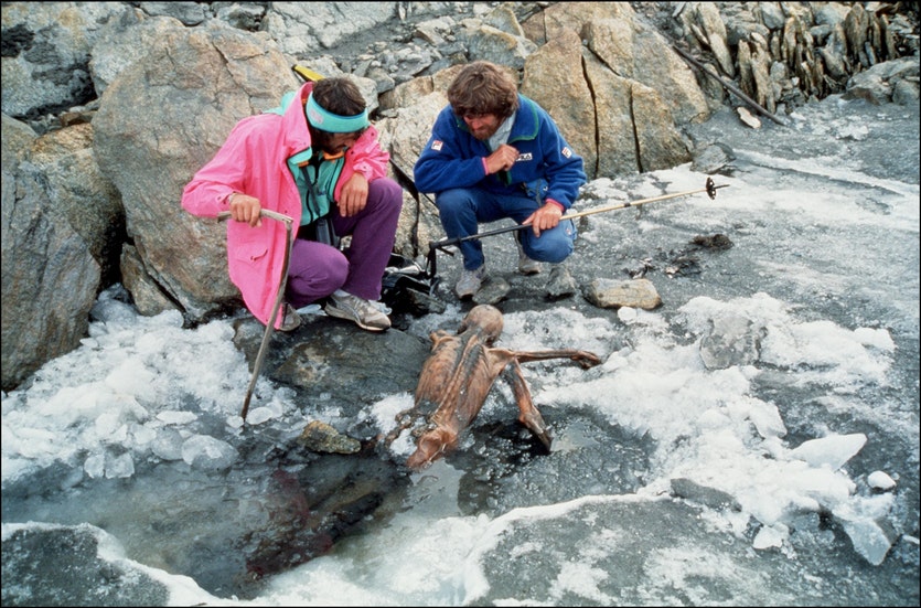Ötzi, freshly discovered, in situ, in 1991.