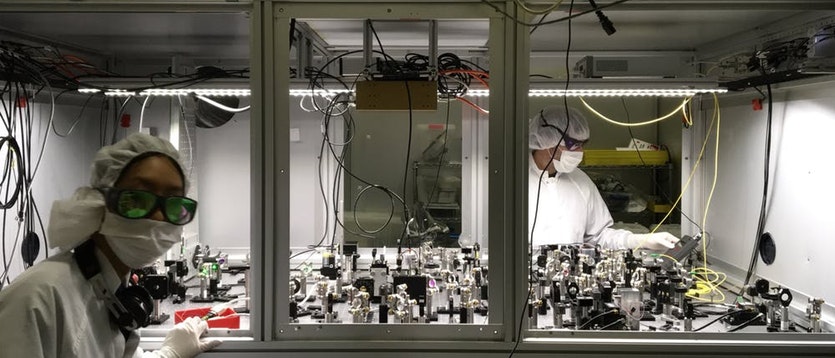 Australian national university scientists nutsinee kijbunchoo and terry mccrae build components for a quantum squeezed light source at ligo hanford observatory in washington, us.