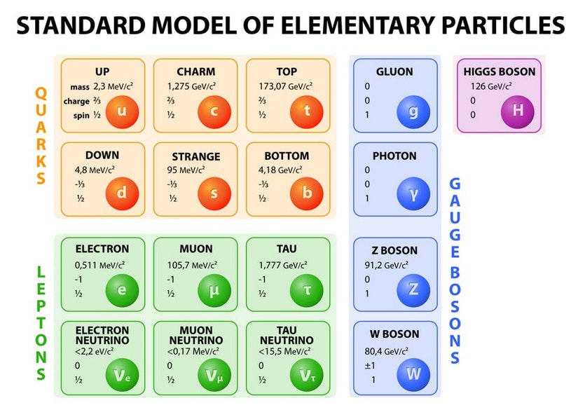 Diagram of the standard model of particle physics. There are 13 fundamental particles that make up matter that have now been discovered and four fundamental force carriers.