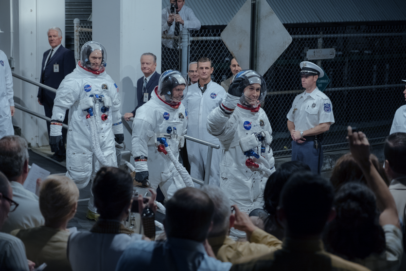 More than a national effort: (left to right) buzz aldrin (corey stoll), mike collins (lukas haas) and neil armstrong (ryan gosling) head for the moon.