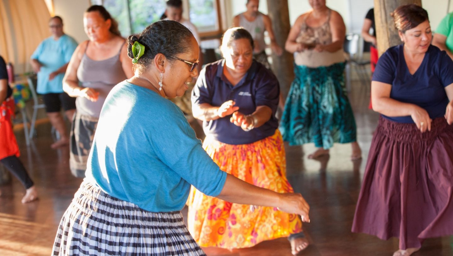 Participants in the hula trial show their moves in a class in Honolulu.