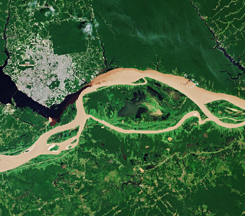 A view of the two rivers meeting from above. 
