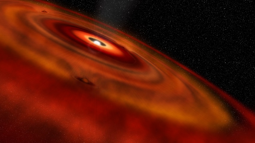 An artist's impression of gas and dust rotating around the young star HD 163296.