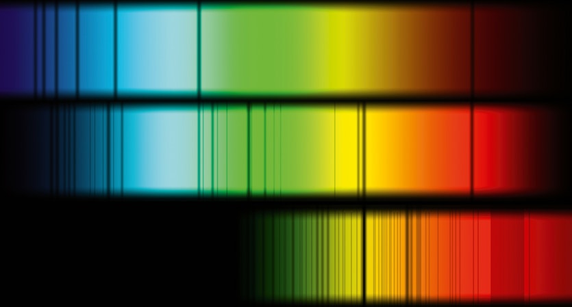 Working towards a planetary bar code: shown here are spectra from three star types. A hot blue giant (top) shows absorption lines for hydrogen only. A star like the sun (middle) also shows lines also representing he, o, c, ne, n, mg, si, fe, ca and na; a cool brown dwarf (bottom) emits light mostly in the infrared but its visible spectrum shows  a complex mix of lines from molecules and elements. Once we have elts, spectra will be used to analyse exoplanets. The bars will show discrete wavelengths of light absorbed by specific molecules in their atmospheres.