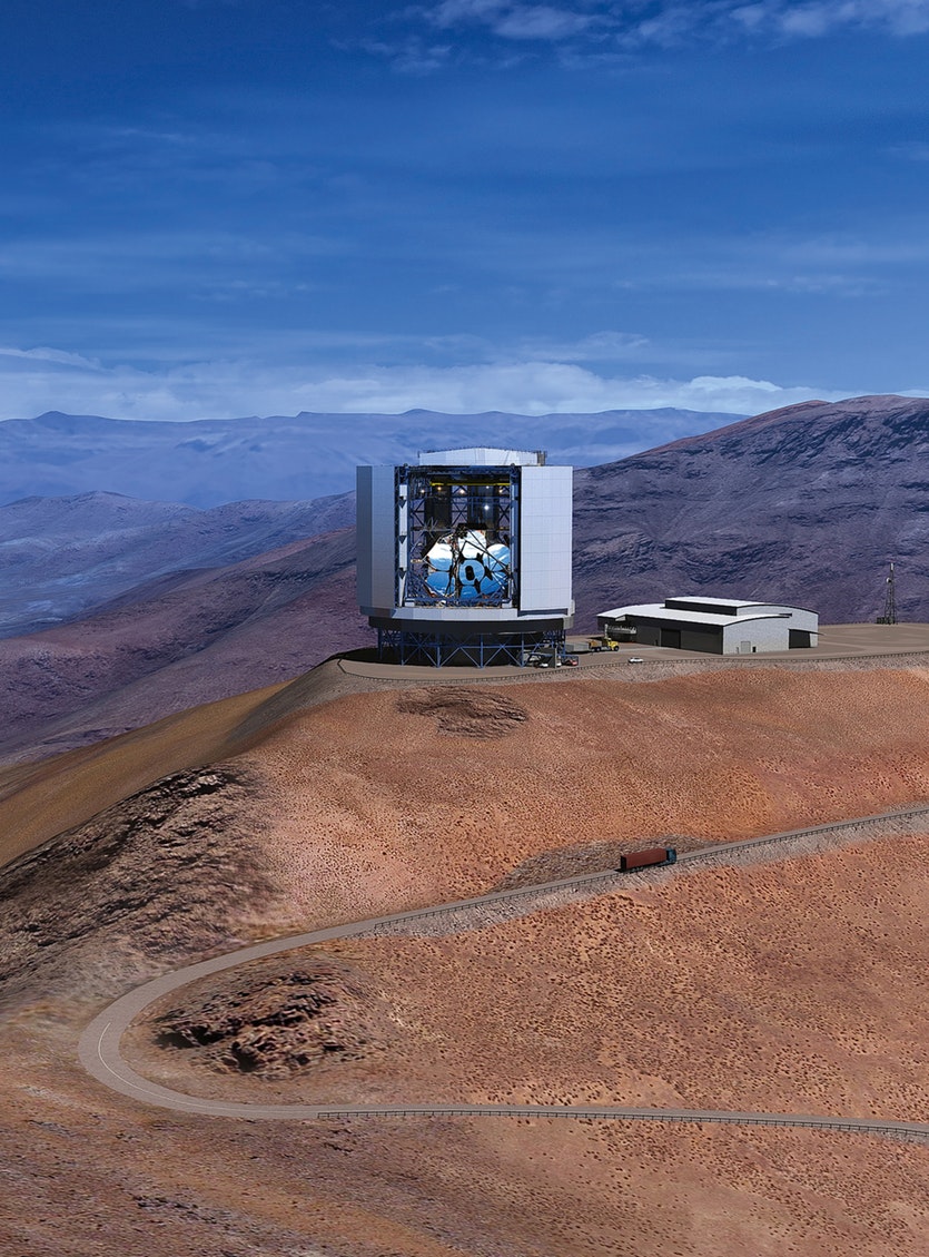 The giant magellan telescope, rendered at its site, the las campanas observatory in chile’s atacama desert.