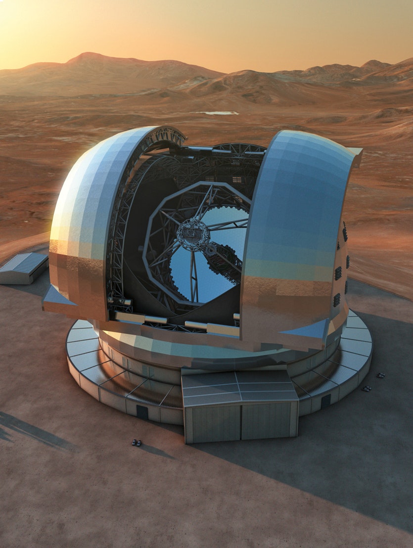 The European Extremely Large Telescope (E-ELT), rendered at Cerro Armazones Observatory in Chile’s Atacama Desert. Its 39-metre composite mirror will make it the largest optical telescope in the world.